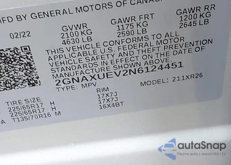 2022 Chevrolet Equinox Lt z USA, uszkodzony, nr VIN 2GNAXUEV2N6124451